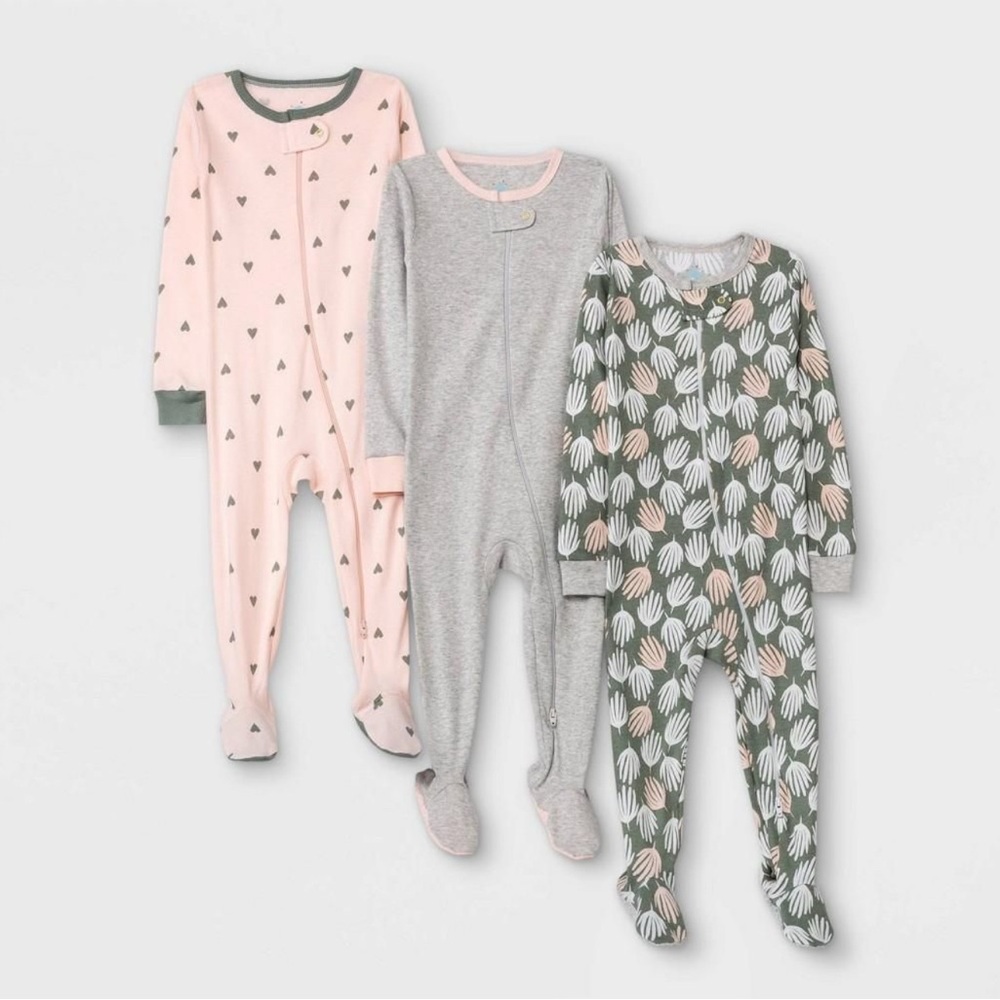 Set of Three Baby Sleepers in Pink, Gray, and Green